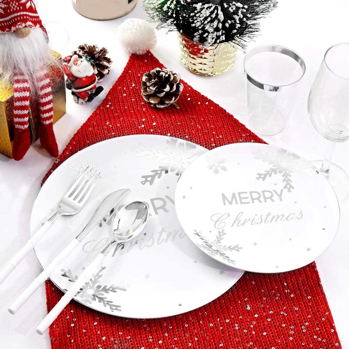 WDF 50Pieces Christmas Silver Plastic Plates- Snowflake Plastic Plates-Heavyweight White and Silver Disposable Plates for Christmas