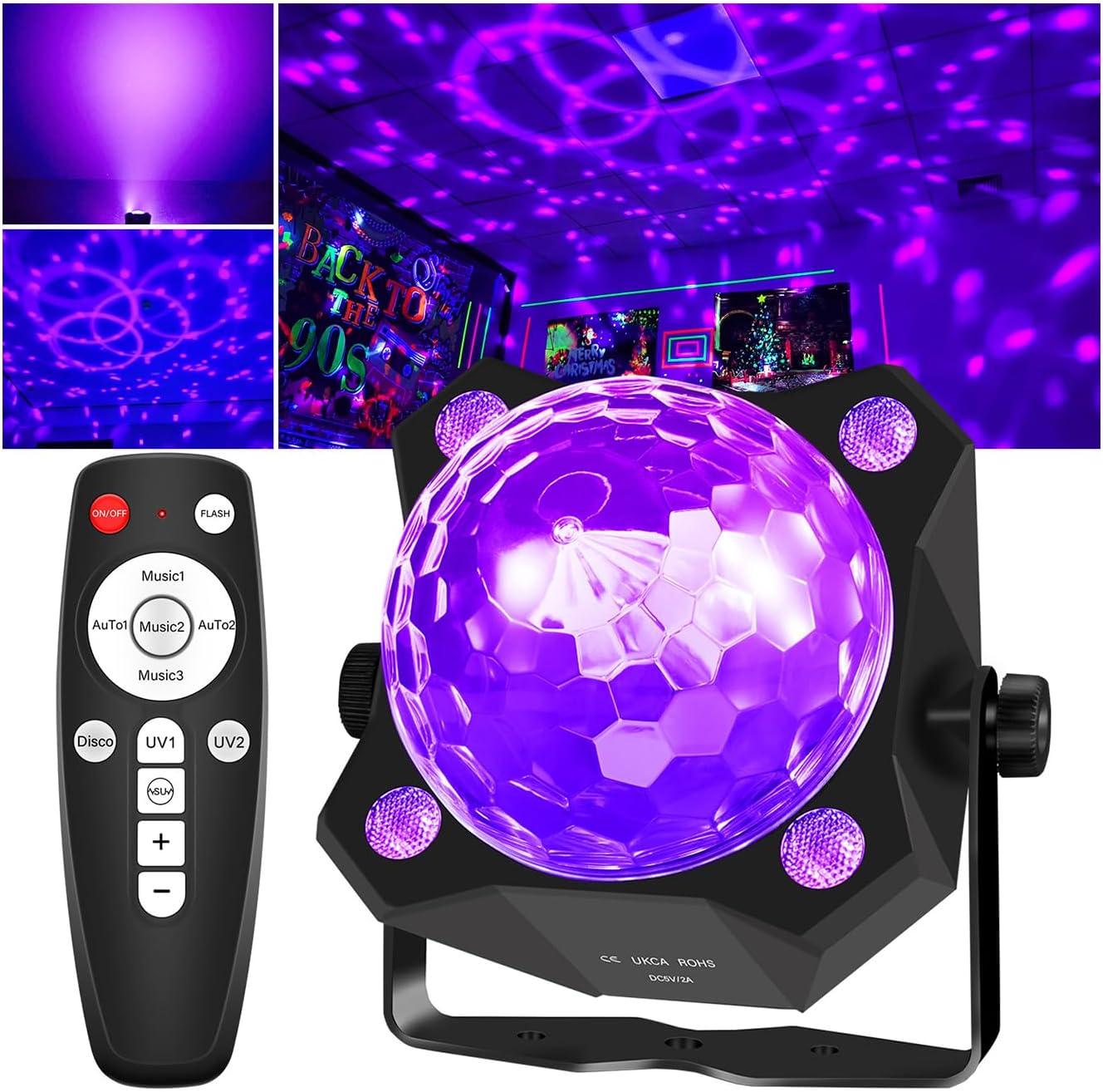 2 in 1 Glow Party Black Light Disco Ball Light with Sound Activated Strobe Dj Party Lights Black Lights, for Halloween Christmas Birthday Decor Classroom Room Family Party Decor
