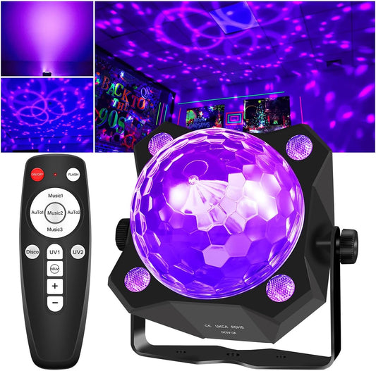 2 in 1 Glow Party Black Light Disco Ball Light with Sound Activated Strobe Dj Party Lights Black Lights, for Halloween Christmas Birthday Decor Classroom Room Family Party Decor