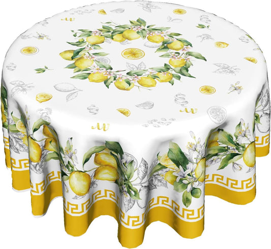 Giwawa Lemon Round Tablecloth 60 inch, Yellow Citrus Fruit Summer Flower Table Cover, Vintage Style Wrinkle Free Circular Table Cloth for Kitchen Dining Party Holiday Decor