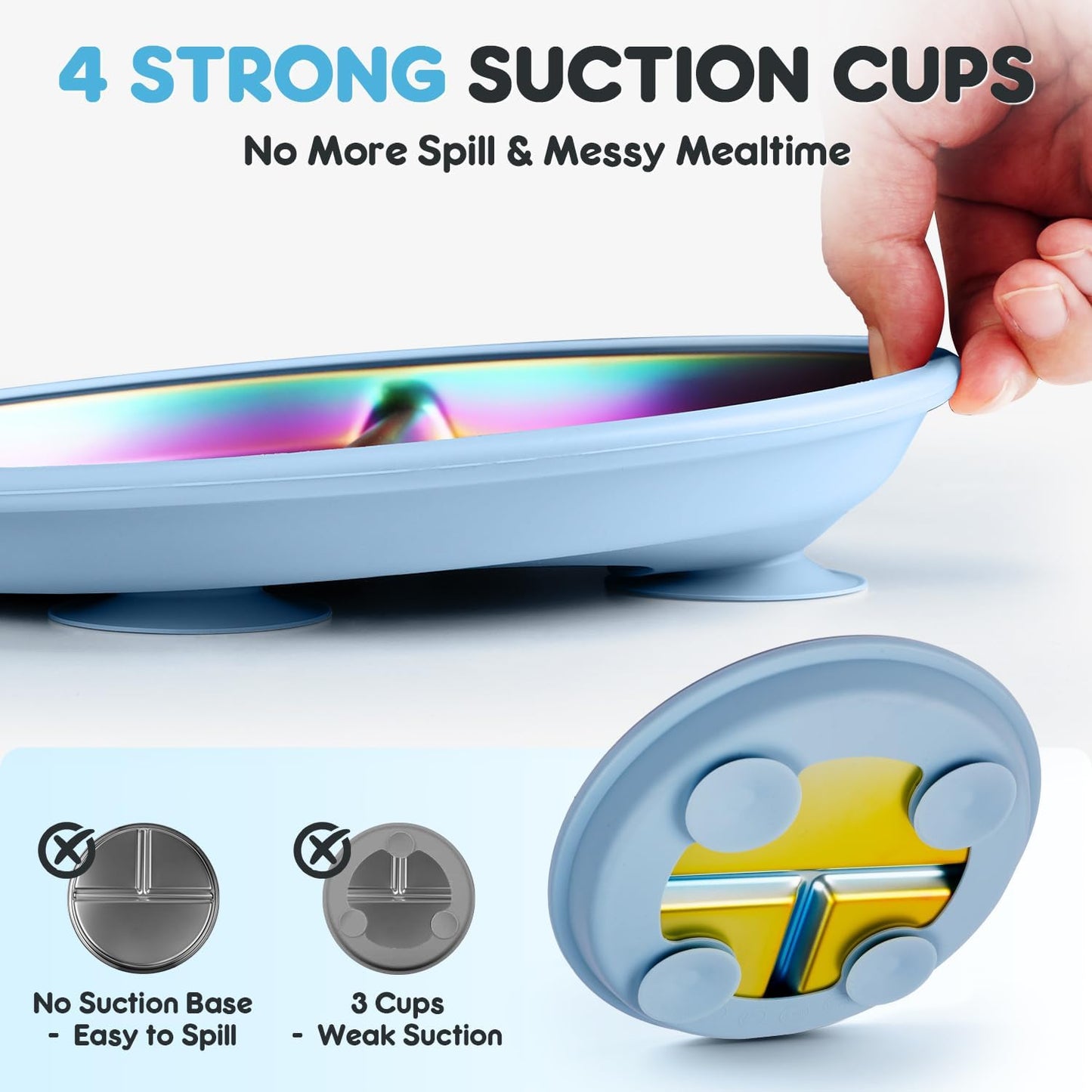 Stainless Steel Toddler Plates with Suction, 9" BPA-Free Rainbow Baby Plates 2pcs with Removable Food-Grade Silicone Base, Divided Kids Plates Dishwasher Safe, Blue & Green