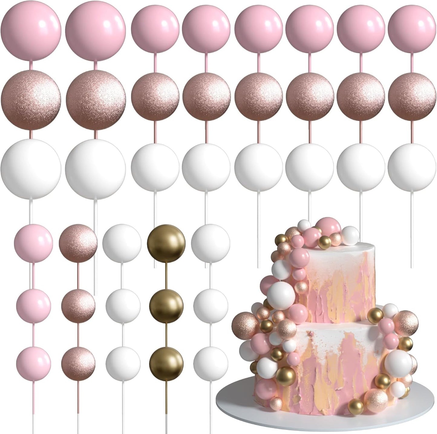 36 Pack Balls Cake Topper Decorations Foam Balloons Cake Decorations Sticks Mini Balloons Cake Toppers Balls Cake Picks for Baby Shower Wedding Anniversary Birthday Party Decorations Pink White Gold