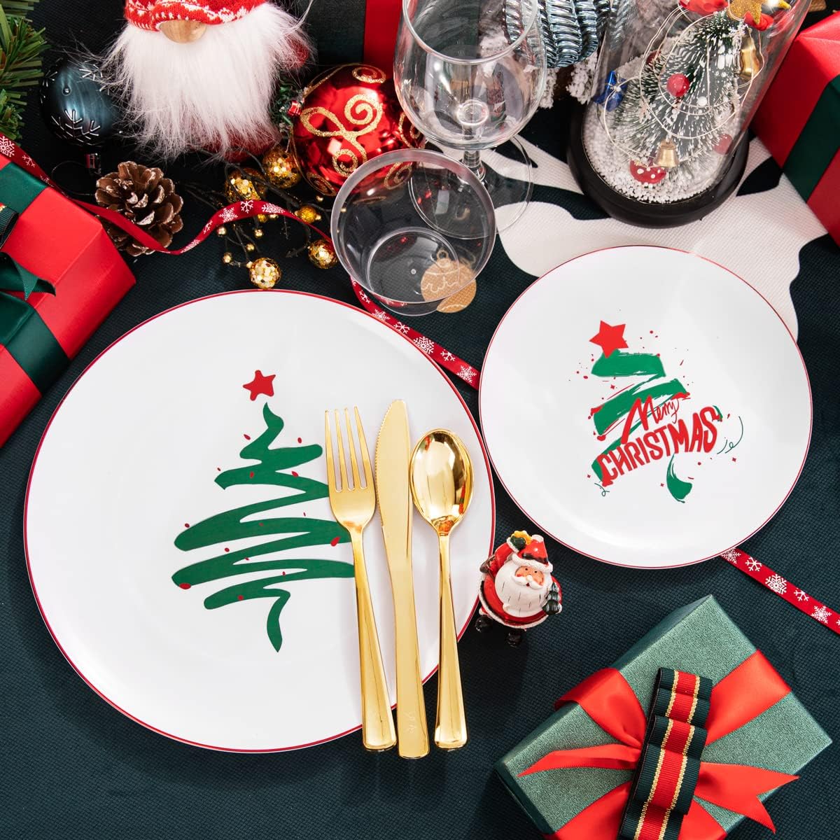 KIRE 25 Guest Christmas Plates - White & Green Tree Plastic Plates & Gold Disposable Utensils & Clear Gold Cups for Christmas Parties