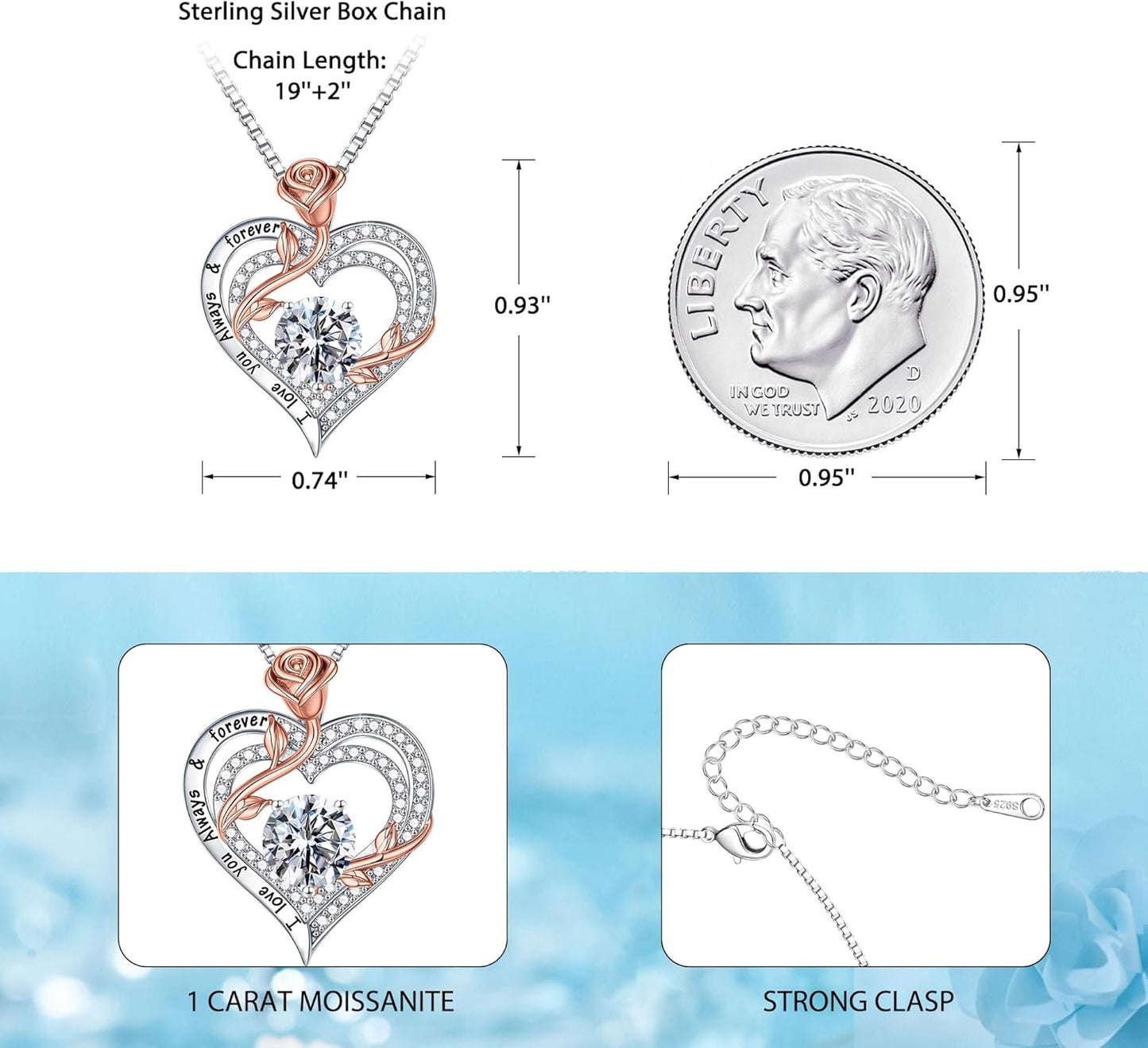 MOOSEA Rose Heart Moissanite Necklace for Women, 1-3 ct D Color VVS1 Clarity 925 Sterling Silver Moissanite Pendant Necklace Anniversary Birthday Gifts for Mom Wife Girlfriend Christmas Jewelry Gifts