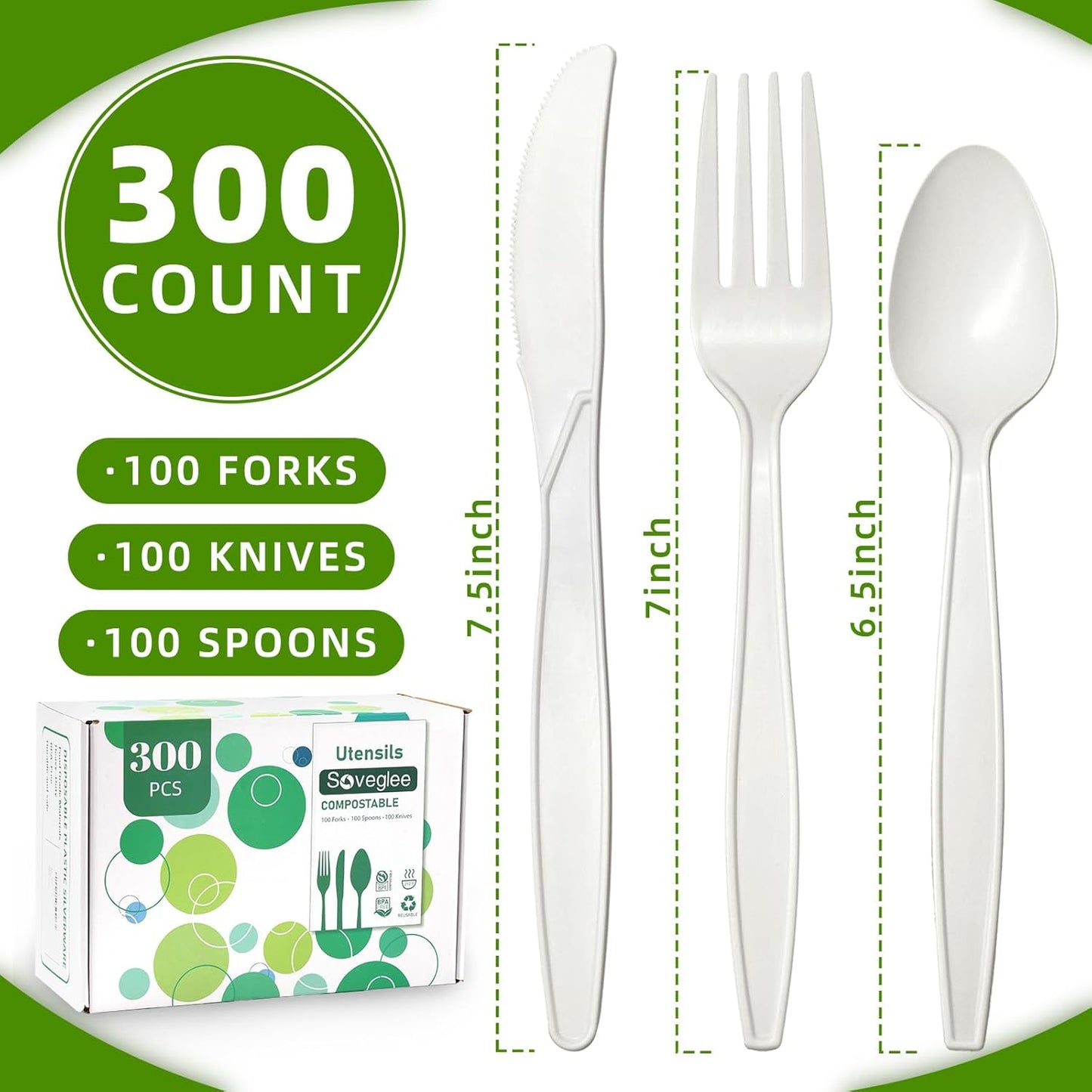 Ivory White No Plastic Silverware, Disposable Compostable Utensils 100 Forks 100 Spoons 100 Knives Disposable Cutlery, Eco Friendly Compostable Utensils, Disposable Forks Spoons Knives Set