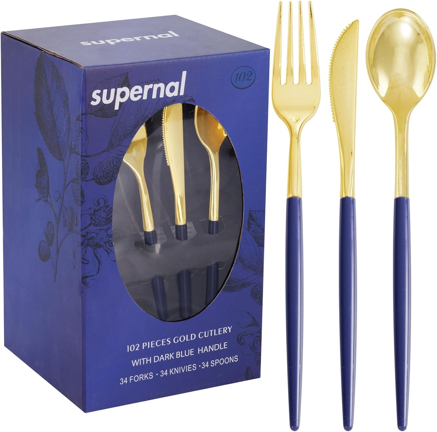 Supernal 102Pcs Dark Blue Plastic Silverware, Gold Plastic Cutlery with Dark Blue Handle, Gold Disposable Utensils Includes 34 Forks, 34 Spoons and 34 Knives for Mother's Day, Wedding, Theme Banquet