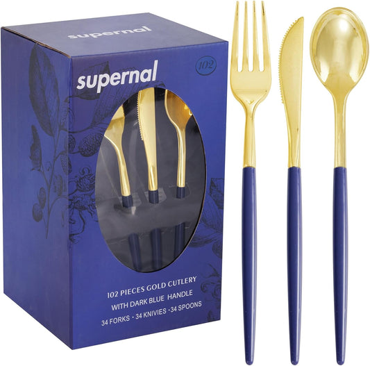 Supernal 102Pcs Dark Blue Plastic Silverware, Gold Plastic Cutlery with Dark Blue Handle, Gold Disposable Utensils Includes 34 Forks, 34 Spoons and 34 Knives for Mother's Day, Wedding, Theme Banquet