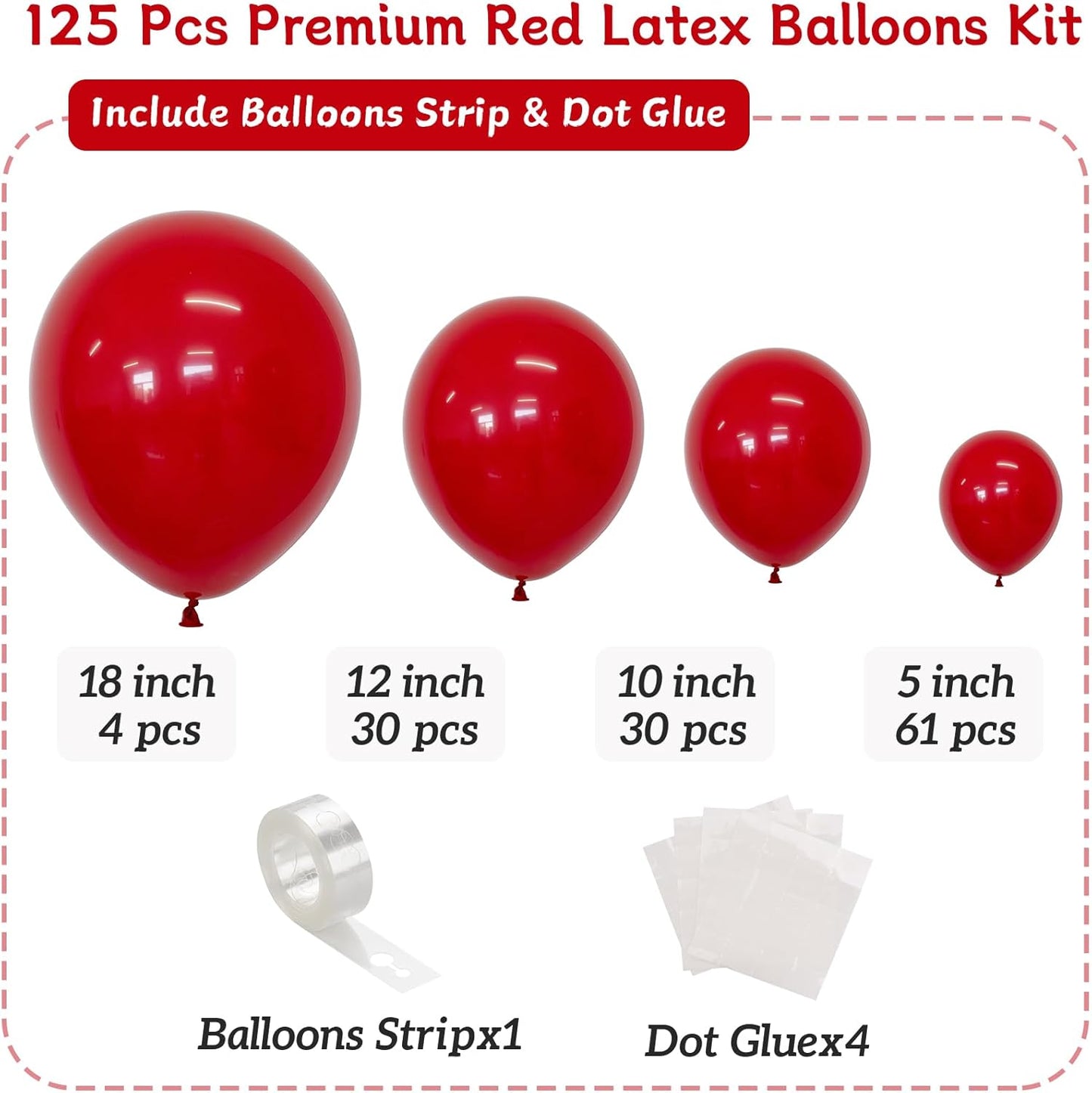 Red Balloon Arch Kit, 125 Pcs Red Balloons Different Sizes 18 Inch 12 Inch 10 Inch 5 Inch Balloons for Balloon Arch Garland Birthday Baby Shower Wedding Graduation Christmas Party Decoration