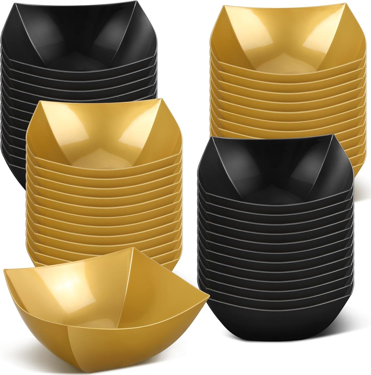 Tanlade 50 Pcs Square Plastic Serving Bowls Disposable Snack Salad Bowl Small Party Candy Bar Containers Taco Bar Serving Dishes for Buffet Chips Fruit (8 oz,Black, Gold)