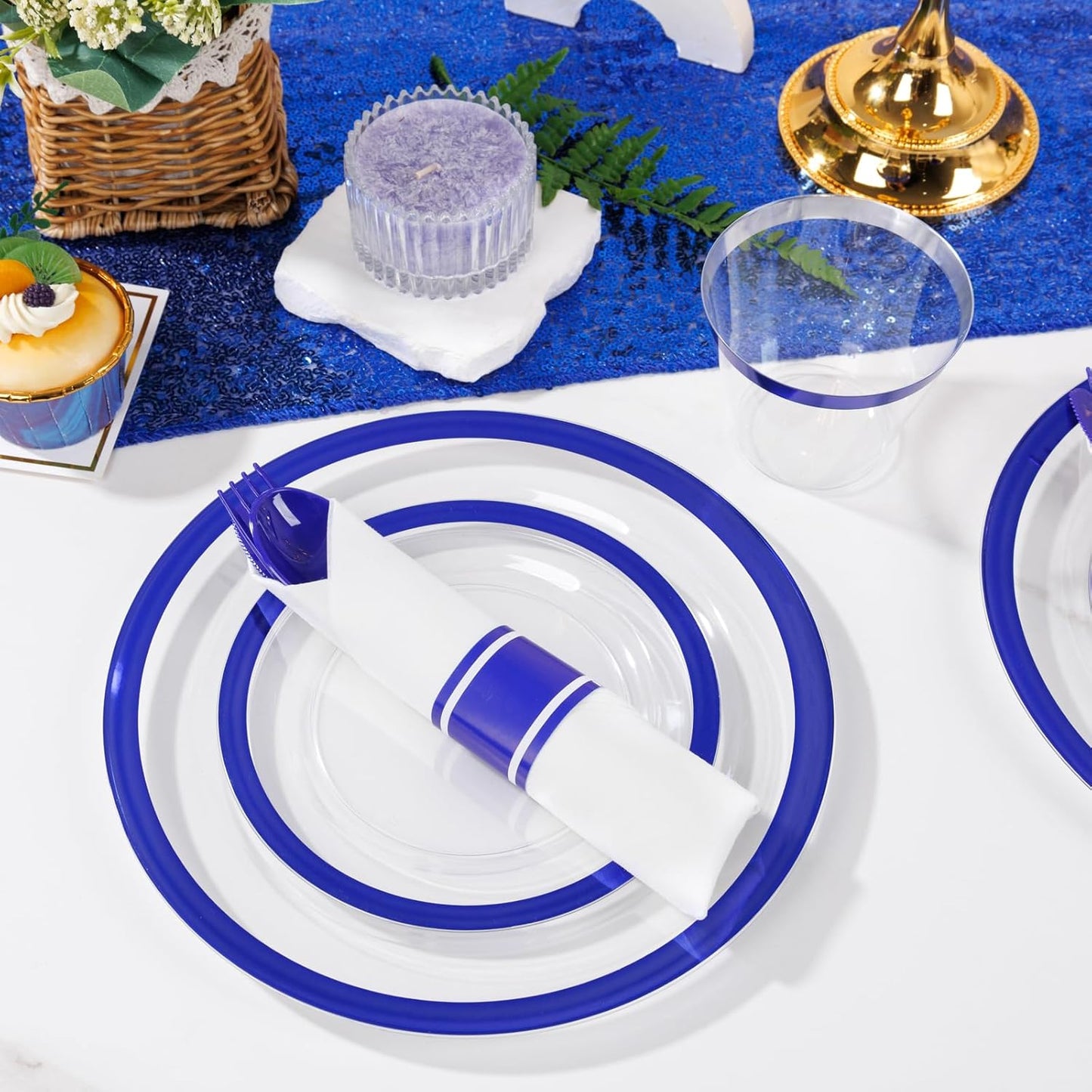 Liacere 350PCS Blue Plastic Plates - Clear with Blue Trim for 50Guests Dinnerware Include 100 Clear Plates disposable 150 Silverware 50Napkins for Wedding＆Back to School＆Labor Day&New Year