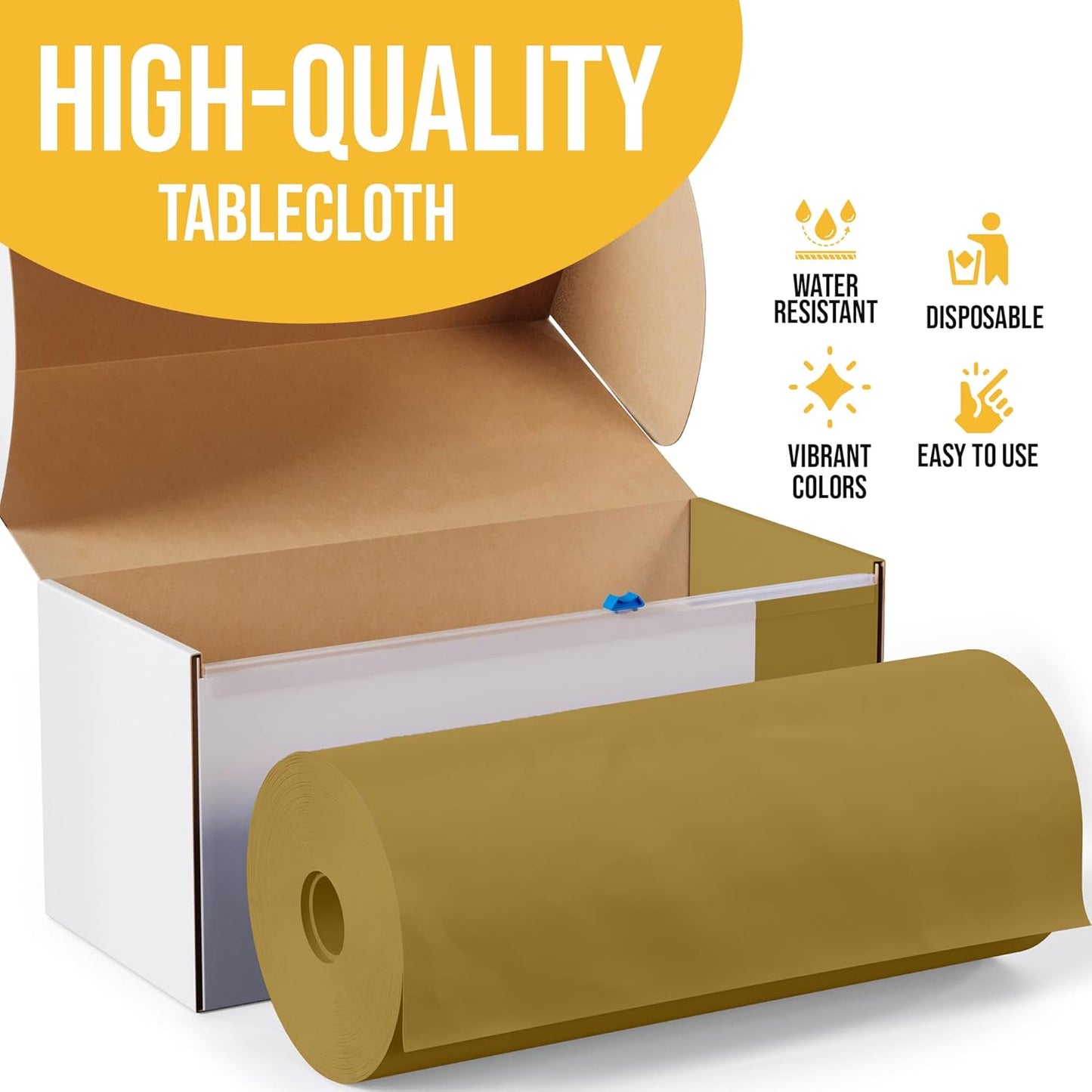 Party Solids 54 Inch X 300 Feet Gold Plastic Table Cover Roll in A Cut - to - Size Box with Convenient Slide Cutter. Cuts Up to 36 Rectangle 8 Feet Plastic Disposable Tablecloths
