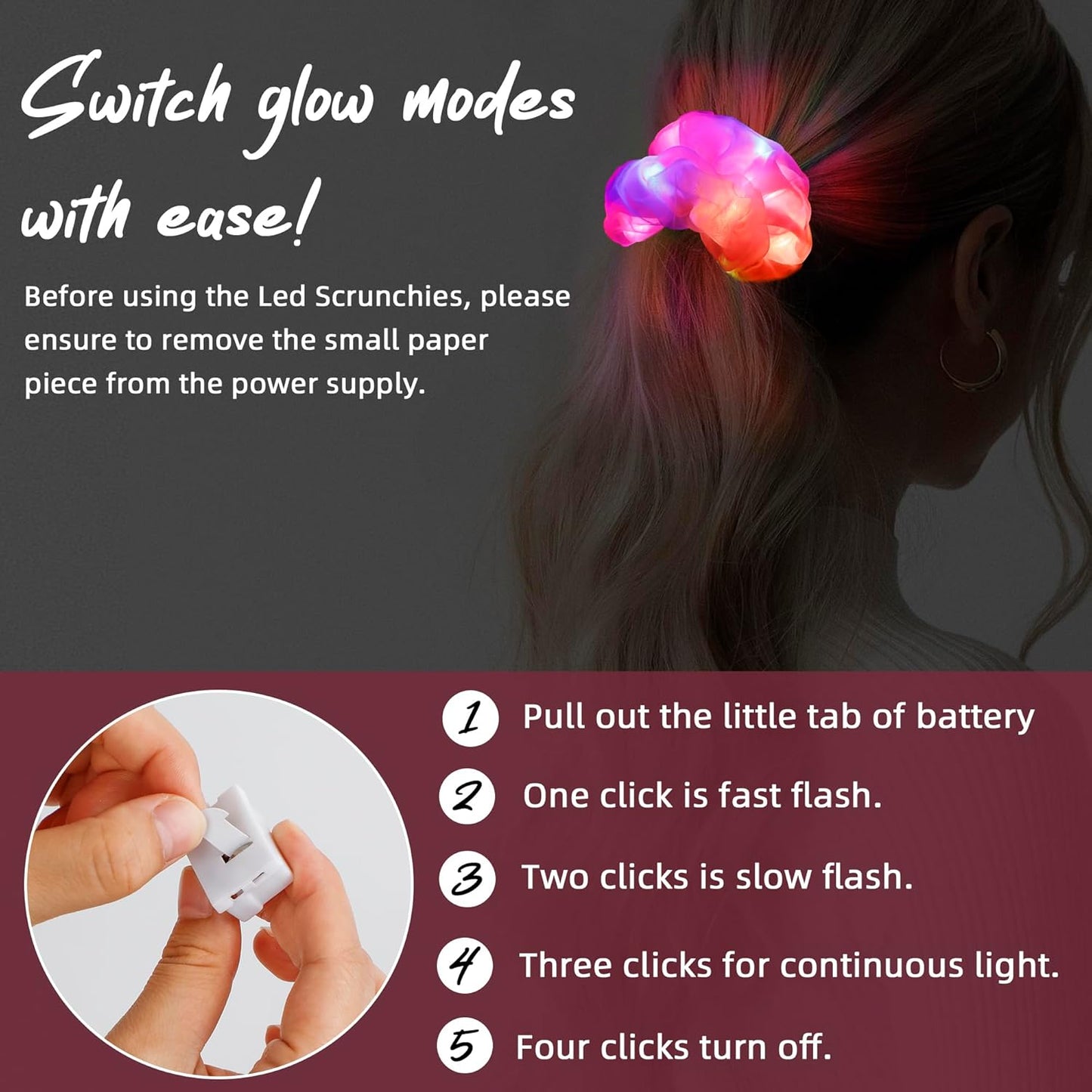 12 Pcs Light Up Scrunchies - Double-Layer Colorful Hair Ties, LED Rave Accessories for Girls & Women, Glow Neon Party/Festival/Birthday Hairstyles