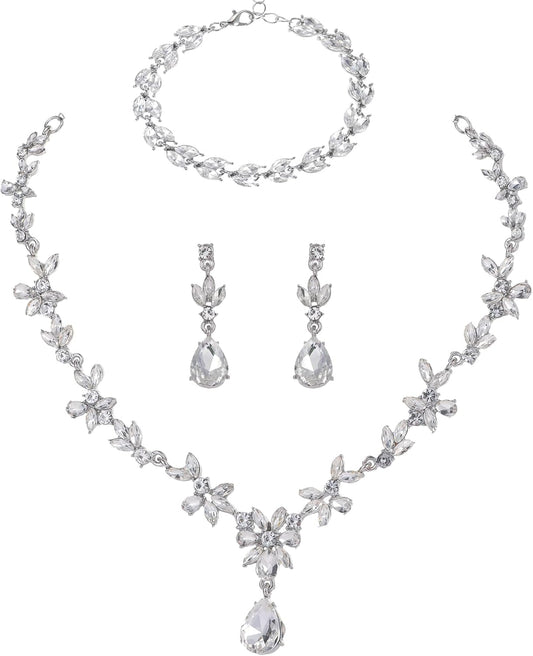 Kamirola Bridal Jewelry Set, Jewelry Set for Women, Necklace Dangle Earrings Bracelet Set, White Gold Plated (TR76)