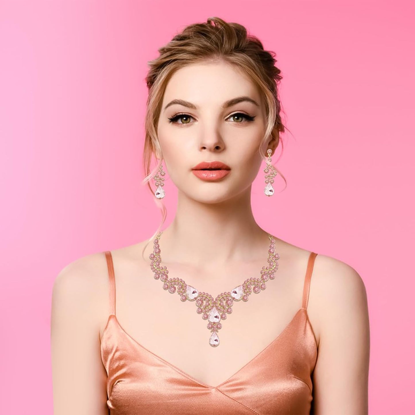 Crystal Bridal Wedding Jewelry Sets for Women Rhinestone Teardrop Crystal Statement Choker Necklace Drop Earrings Link Bracelets Rings Teardrop Jewelry Set for Brides Bridesmaids