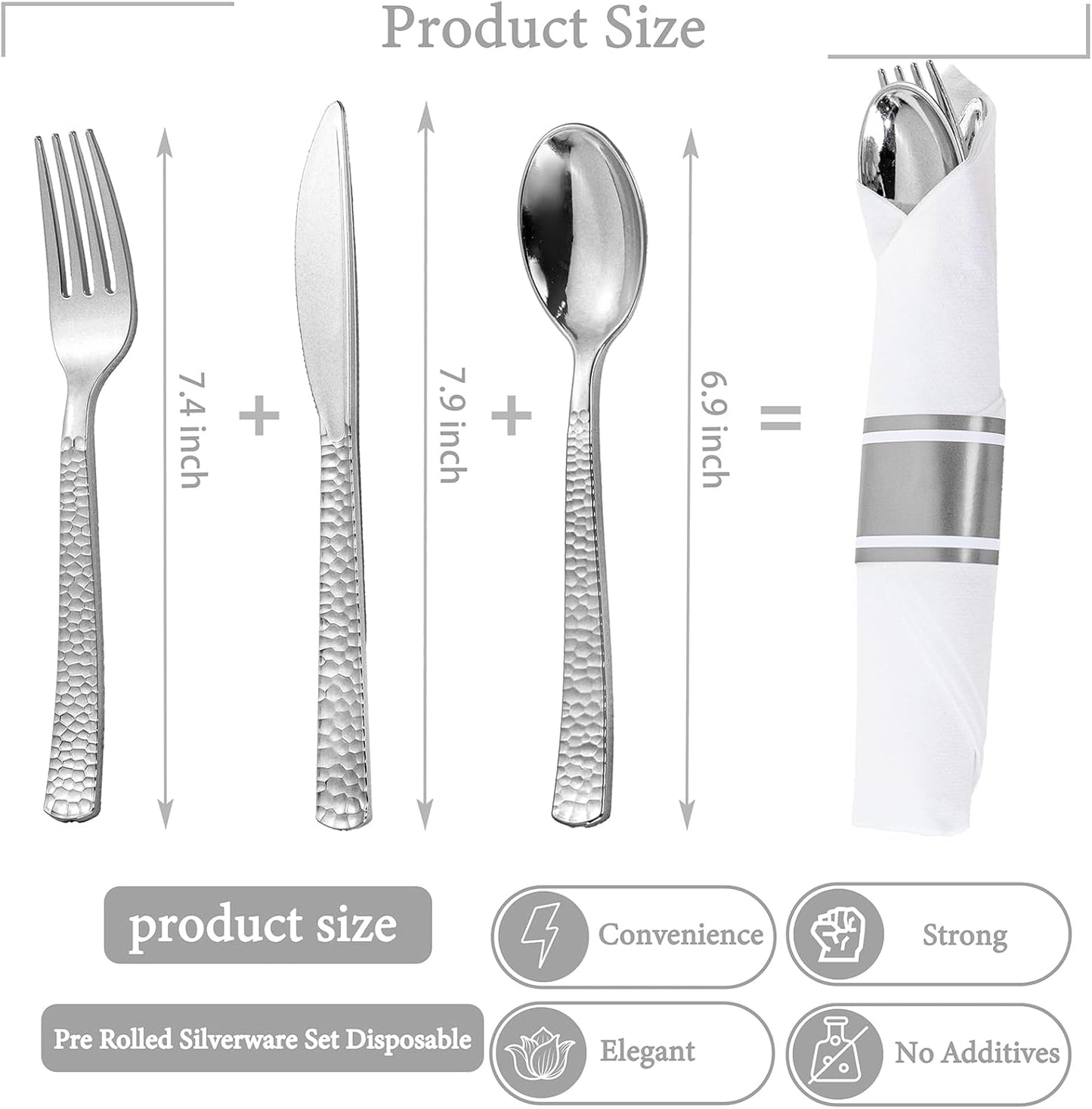 WELLIFE 50 Pack Silver Plastic Silverware with Pre Rolled Napkins,Wrapped Silverware Set Disposable,Includes:50 Forks, 50 Knives, 50 Spoons, 50 Napkins,Utensils Plastic Disposable