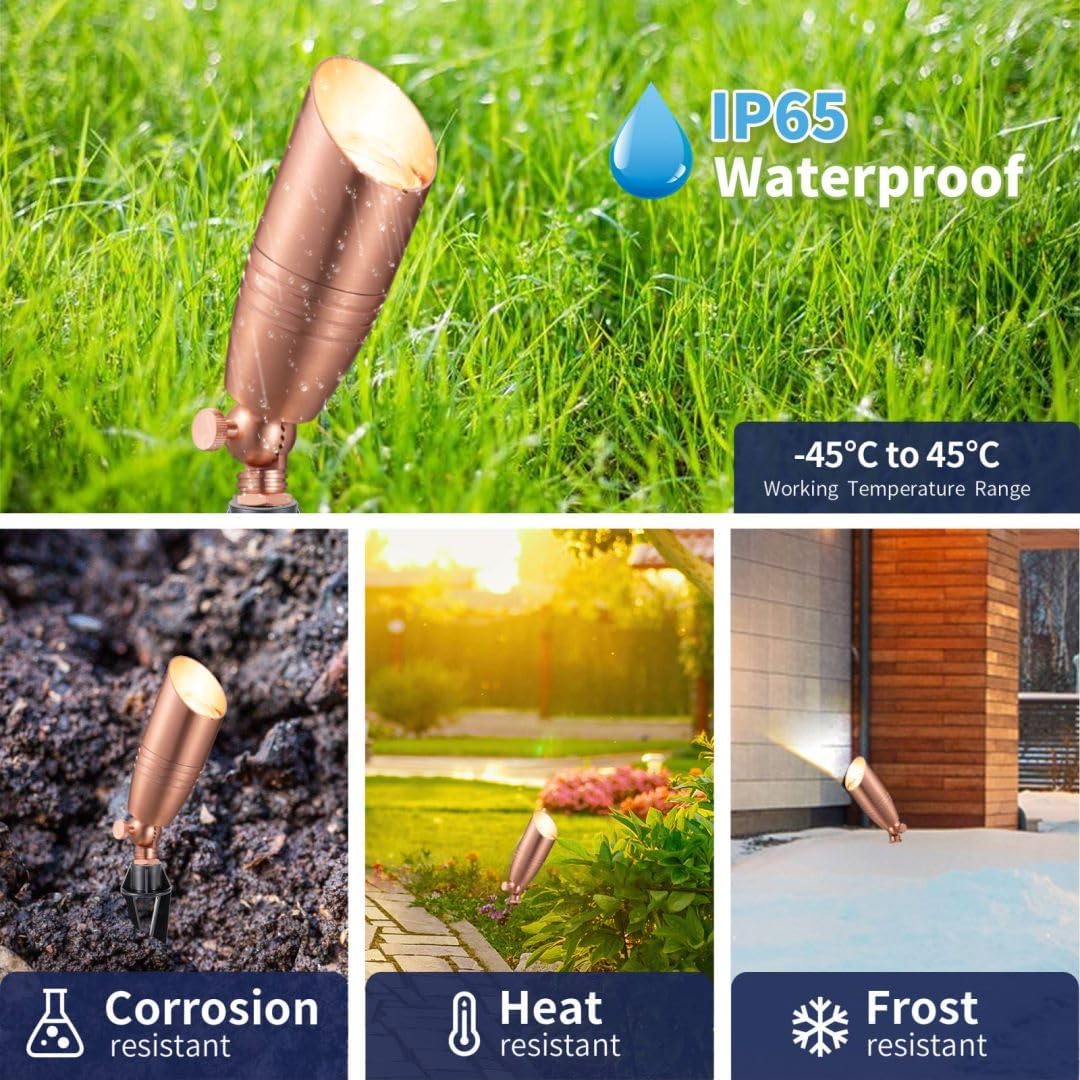 Gardenreet Spot Light Brass - Outdoor Landscape Spotlights LED, 12V Low Voltage Landscaping Uplights Bright, Hard-Wired All Weather Copper for Backyard Lawn with No Bulbs (8 Pack)