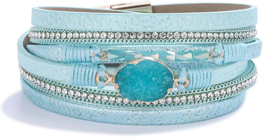 FANCY SHINY Leather Wrap Bracelet Boho Cuff Bangle Bracelets Crystal Bead Bracelet with Magnetic Clasp Jewelry Gifts for Women