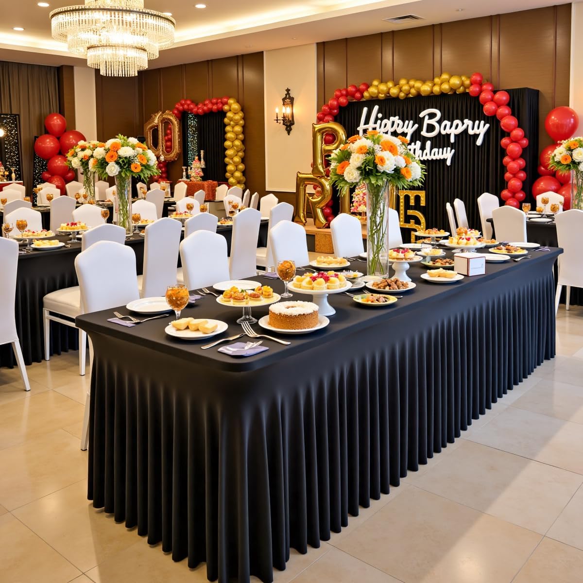 leegleri 4 Pack Black Spandex Tablecloths for 8 Foot Rectangle Tables, Wrinkle Free Fitted Table Cloths 8ft Stretchy Table Cloth Cover with Skirt for Parties Weddings Birthday Banquet Baby Shower