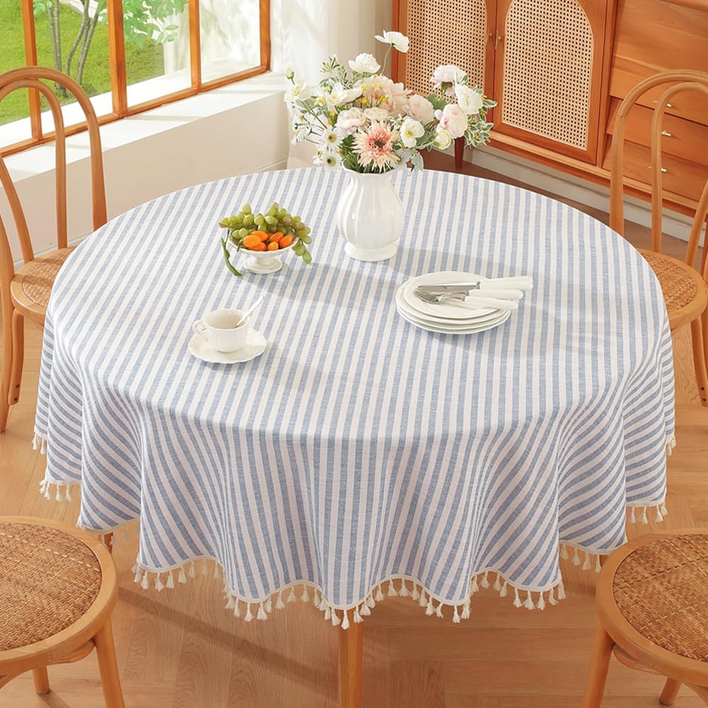 TruDelve 70 Inch Round Tablecloth Blue and White Striped Cloth Tablecloths Circle Fabric Outdoor Tablecloths for Round Tables (Blue,70",Round)