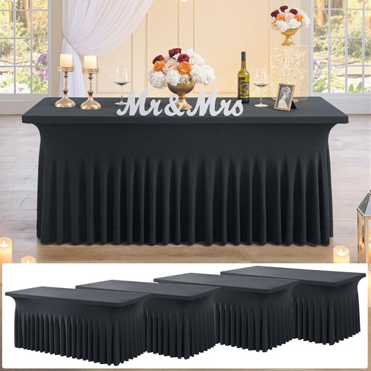 4 pk Black Spandex Tablecloth 6ft with Ruffled Skirt,Wrinkle Free High Stretch Fitted Tablecloths for 6 Foot Rectangle Tables,Pleated Elastic Spandex Table Covers 6ft for Parties Wedding Banquet