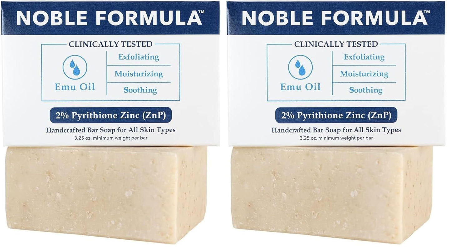 Noble Formula 2% Pyrithione Zinc (ZnP) Emu Oil Bar Soap, Especially Formulated for Acne, Psoriasis, and Eczema, Safe for Daily Use and All Skin Types, 3.25 oz (Pack of 2)