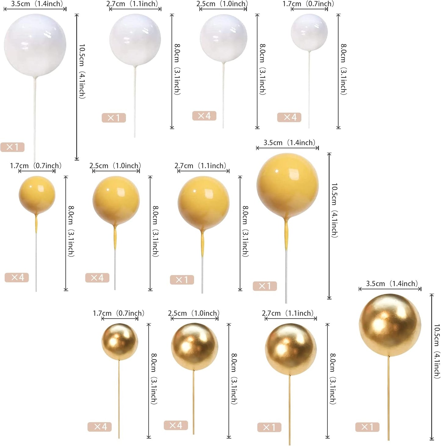 Rsstarxi 30 PCS Bubble Balls Cake Topper Foam Ball Cake Picks Mini Balloon Cupcake Insert DIY Decoration for Baby Shower Anniversary Kids Birthday Party Cake Decorations Gold Yellow White