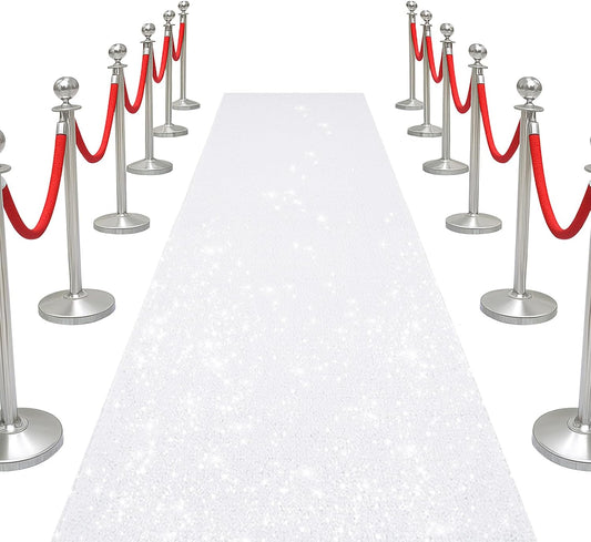 PartyDelight White Carpet Runner for Party 2.6FTx15FT Sequin Wedding Aisle Runner Sparkly Rug for Prom Ceremony Indoor Outdoor Engagement Decoration