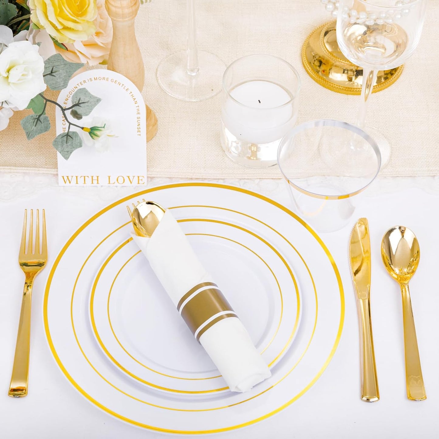 DaYammi 210PCS Gold Plastic Dinnerware Set Thanksgiving Plates Disposable Disposable Plates for Party, Include: 30 Dinner Plates, 30 Dessert Plates, 30 Pre Rolled Napkins with Gold Silverware, 30 Cups
