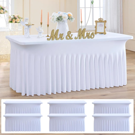 NSSONBEN 6 Pack White Spandex Tablecloth for 6 Foot Rectangle Tables,Wrinkle Free High Stretch Fitted Table Cloths 6ft, Elastic Spandex Table Covers 6ft with Pleats Skirt for Party Wedding Banquet