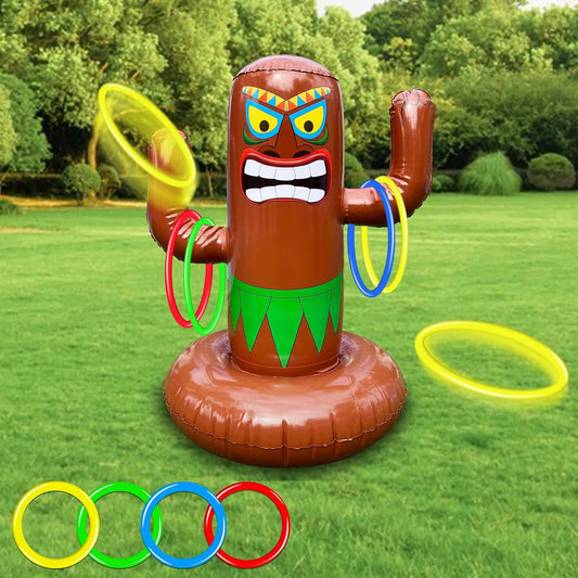 25" Inflatable Luau Tiki Pool Toss Games, Tiki Pool Ring Toss Toys with 4 Rings for Adults Indoor Outdoor Tropical Summer Swimming Inflatable Bean Bags Toss Hawaiian Luau Party Supplies