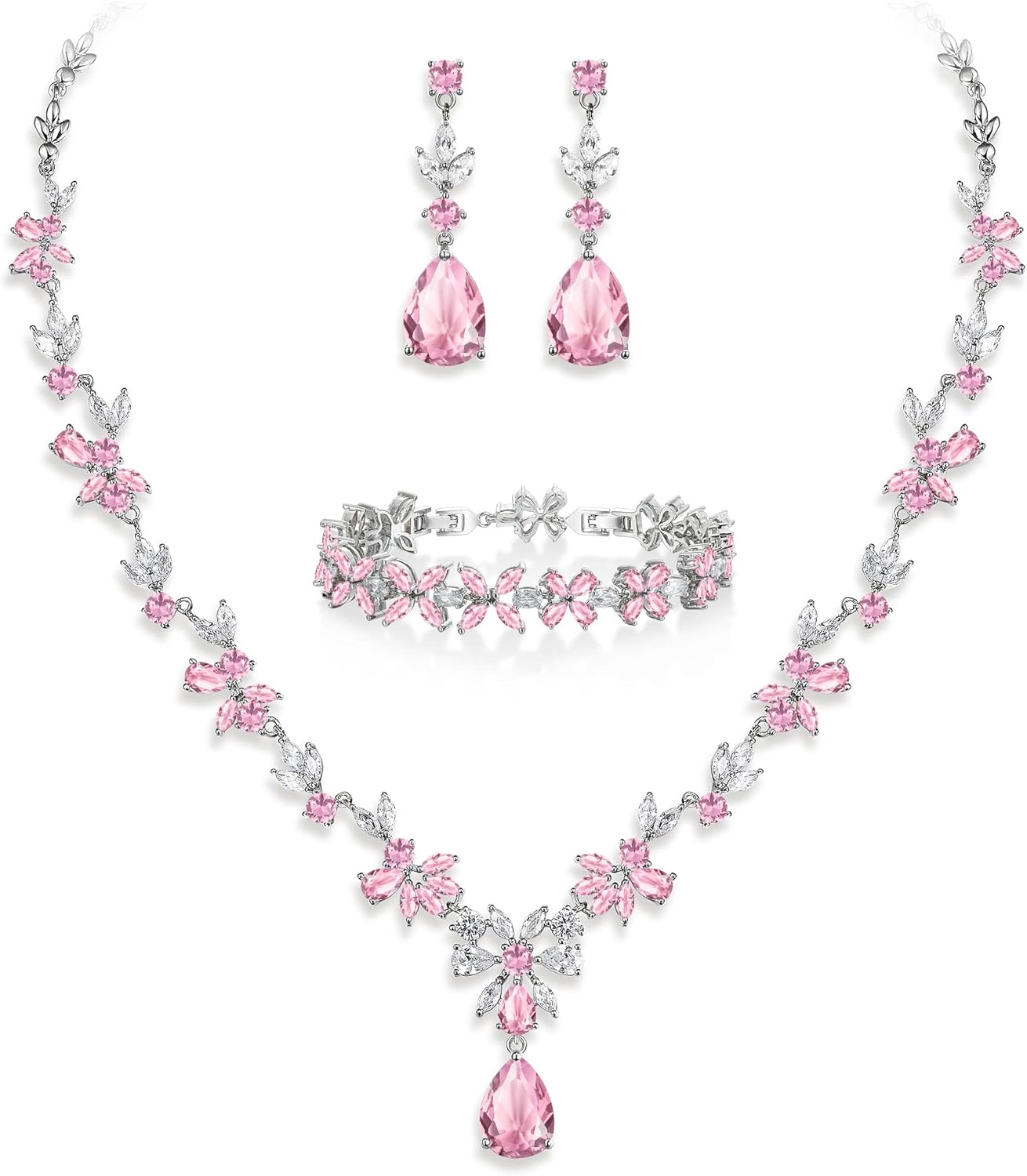 Crysdue Wedding Jewelry Set for Women, Floral Leaf Vine Teardrop Necklace Dangle Earrings Bracelet and Hair Comb, Cubic Zirconia Elegant Party Prom Jewellery for Bridal Bridesmaid