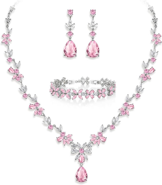Crysdue Wedding Jewelry Set for Women, Floral Leaf Vine Teardrop Necklace Dangle Earrings Bracelet and Hair Comb, Cubic Zirconia Elegant Party Prom Jewellery for Bridal Bridesmaid