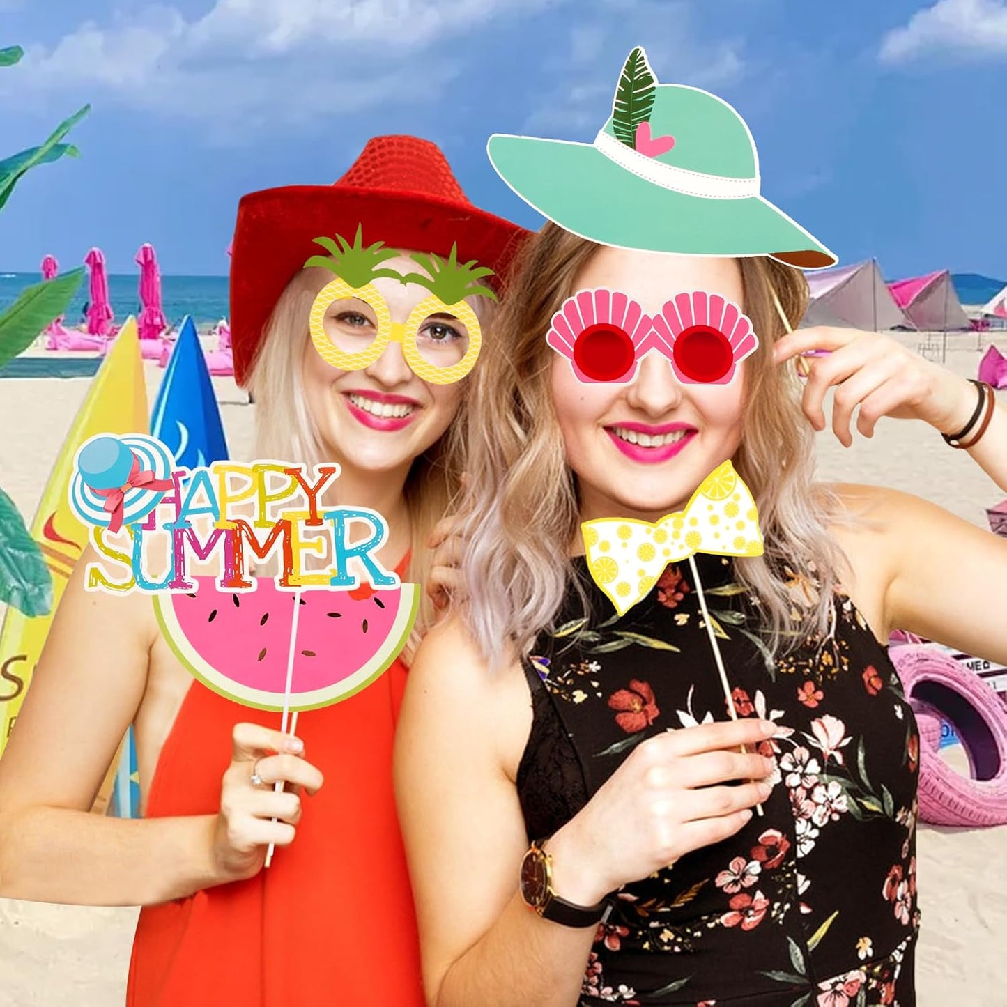 SUNBEAUTY 12 Pcs Summer Photo Booth Props Beach Summer Pool Party Decorations Luau Photo Booth Props Tropical Tiki Beach Pool Party Favors for Baby Shower, Birthday, Hawaii