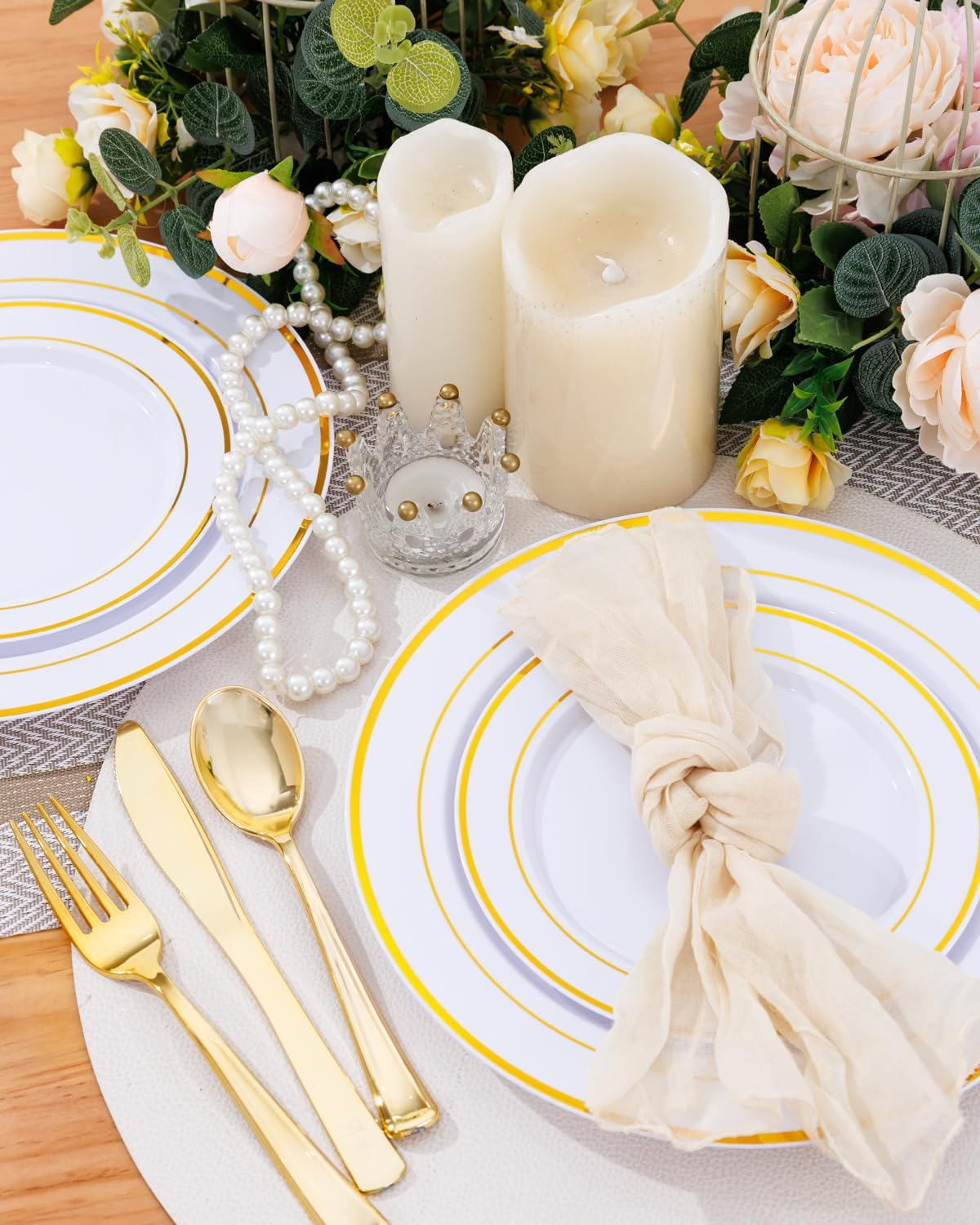 Supernal 60pcs Gold Plastic Dinnerware Set Includes Gold Plastic Plates and Disposable Silverware,Disposable Party Plates and Flatware Service for 12 Guests,Perfect for Birthday,Party,Wedding