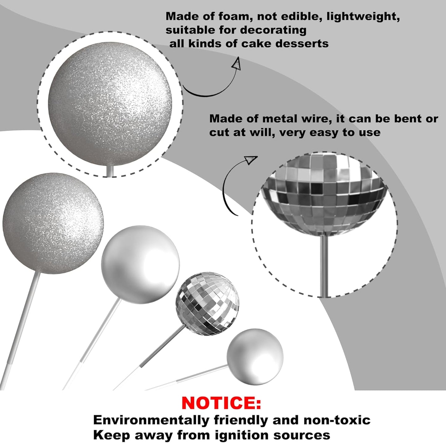 36 Pack Balls Cake Topper Decorations Foam Balloons Cake Decorations Sticks Mini Balloons Cake Toppers Balls Cake Picks for Baby Shower Wedding Anniversary Birthday Party Decorations Light Silver