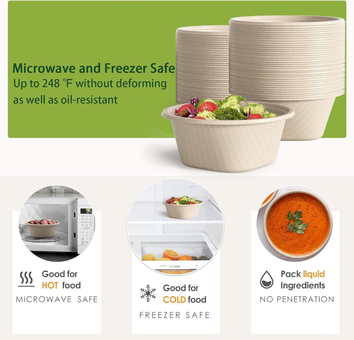 32 Ounce Large Paper Bowls Disposable Soup Bowl Disposable Heavy Duty Compostable Bowls, Eco-friendly Sugarcane and Bamboo Bagasse Biodegradable Bowl for Soup, Salad, Dessert, Ice Cream [100 Pack]