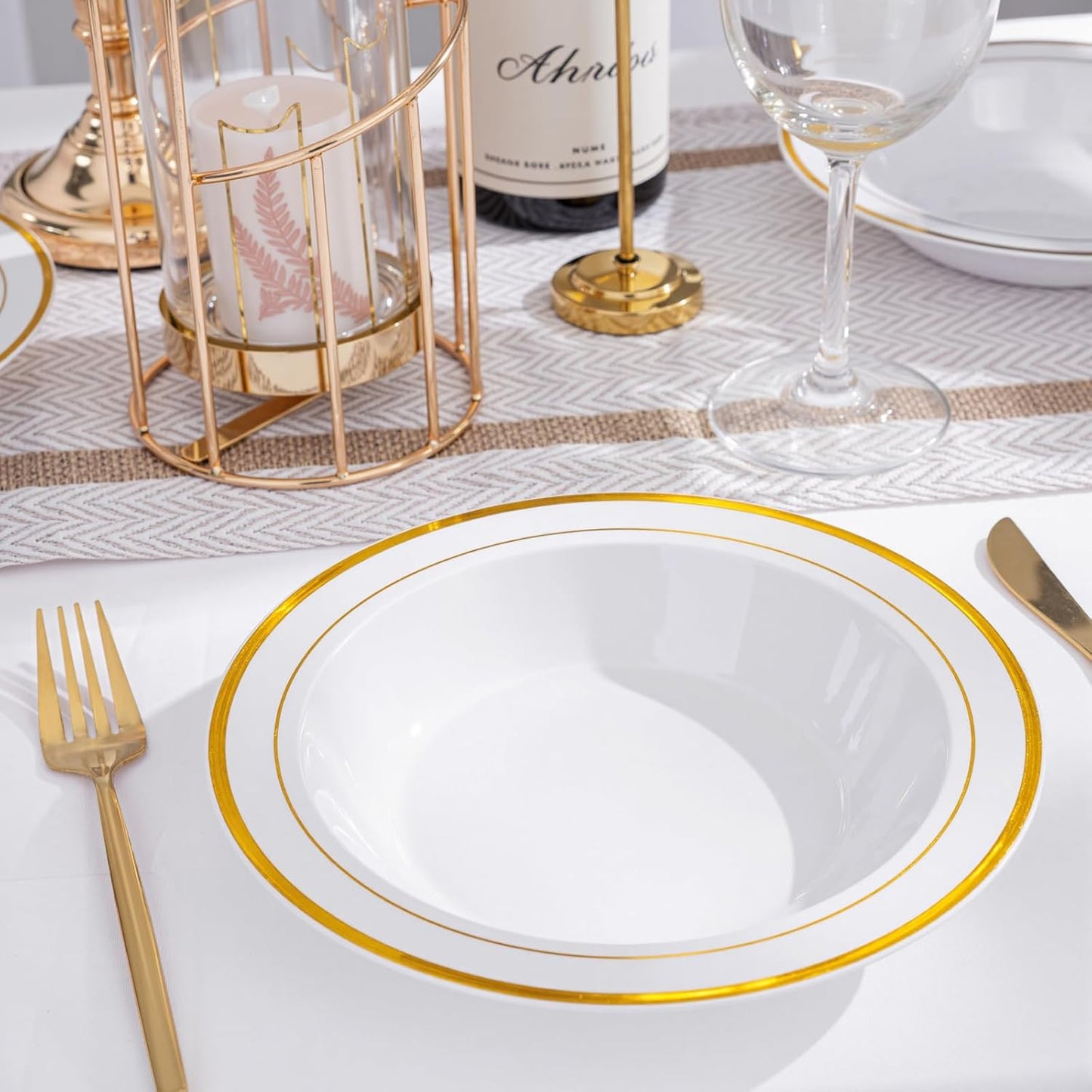 bUCLA 120 Pack Disposable Plastic Bowls Gold Trim 12oz - Elegant Party Bowls Disposable for Salad, Soup, Dessert, Ideal for Wedding & Thanksgiving