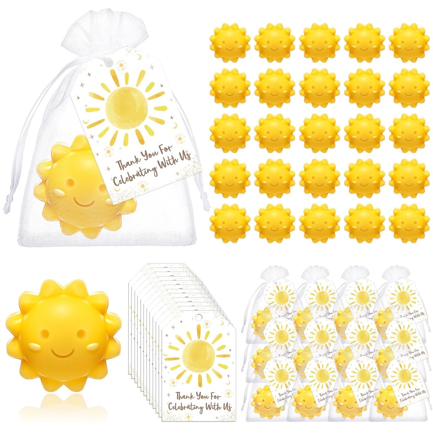 Loopeer 36 Sets Sun Soaps for Baby Shower Party Favors Mini Handmade Sunshine Soap Gifts with Thank You Card for Guest Gender Reveal Party Decor(Yellow)
