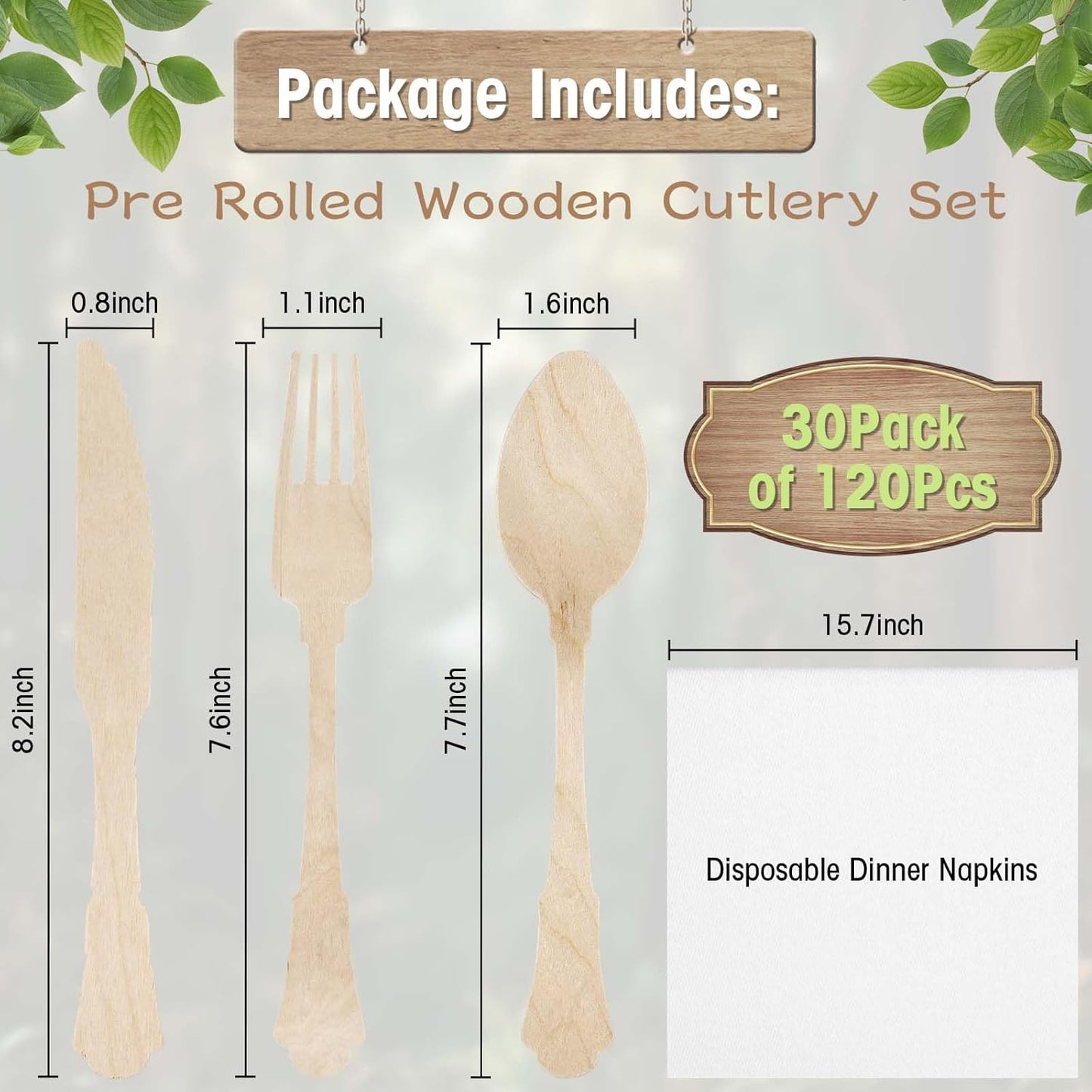 30Pack Pre Wrapped Disposable Wooden Cutlery - Pre Rolled Wooden Cutlery with Napkins, Wrapped Wooden Silverware Set Disposable, Biodegradable Disposable Wooden Cutlery with Napkins for Wedding