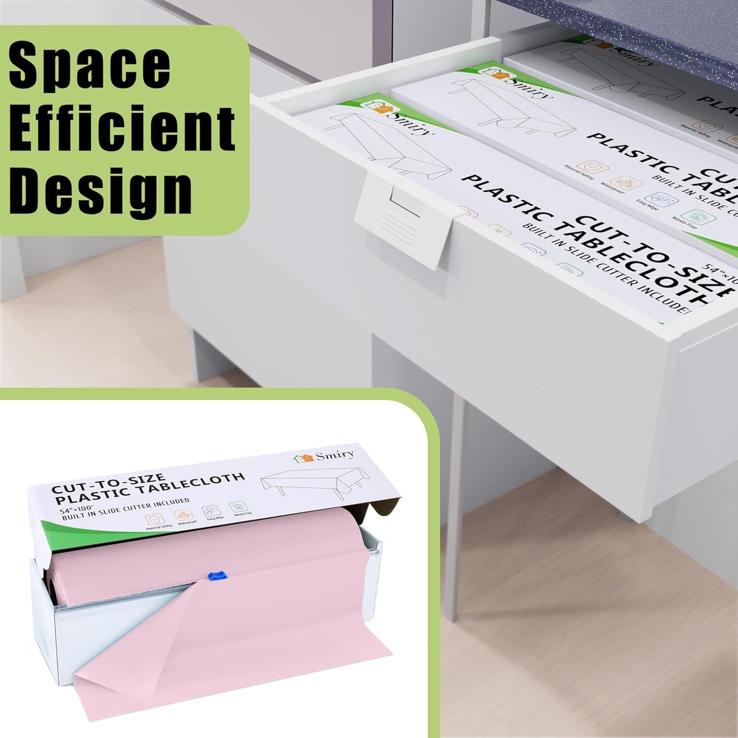 Smiry 54 Inch x 100 Feet Disposable Table Cover Roll, Pink Plastic Table Cloth in Cut-to-Size Box with Slide Cutter, Waterproof Rectangle Tablecloths for Weddings, Banquets, Outdoor