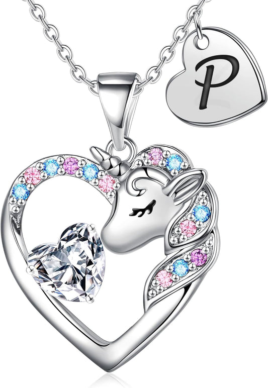 Christmas Gifts for Grandkids Kids - Colorful CZ Heart Initial Unicorn Necklace for Girls Jewelry Unicorn Birthday Gifts for Girls Stocking Stuffers for Kids