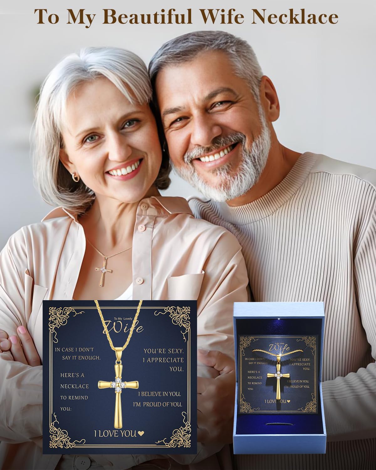 Gold Moissanite Cross Necklace for Women Wife in Light-Up Gift Box,Love Card - Women Anniversary Birthday Gifts Ideas for Wife Her Girlfriend, Christian Cross Chain Jewelry 1CT (18K Real Gold Filled)