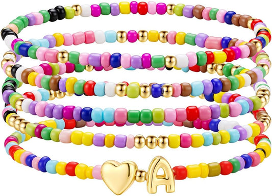 M MOOHAM Stocking Stuffers for Kids Girls Teen - 5PCS Colorful Beaded Initial Bracelets for Women Girls, Cute Stretch Heart Letter Bohemian Stackable Bracelet Birthday Gifts Jewelry for Kids Teen Girl