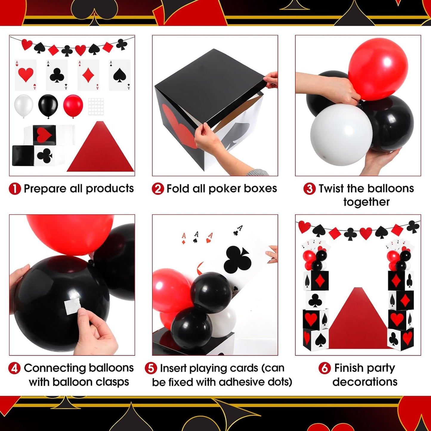 Zhanmai 52 Pcs Casino Themed Decorations Set Las Vegas Game Night Entryway Door Party Decor 8 Pcs 12 Inch Large Poker Boxes 8 Jumbo Poker Cards 30 Pcs Balloon Aisle Runners for Birthday Celebration
