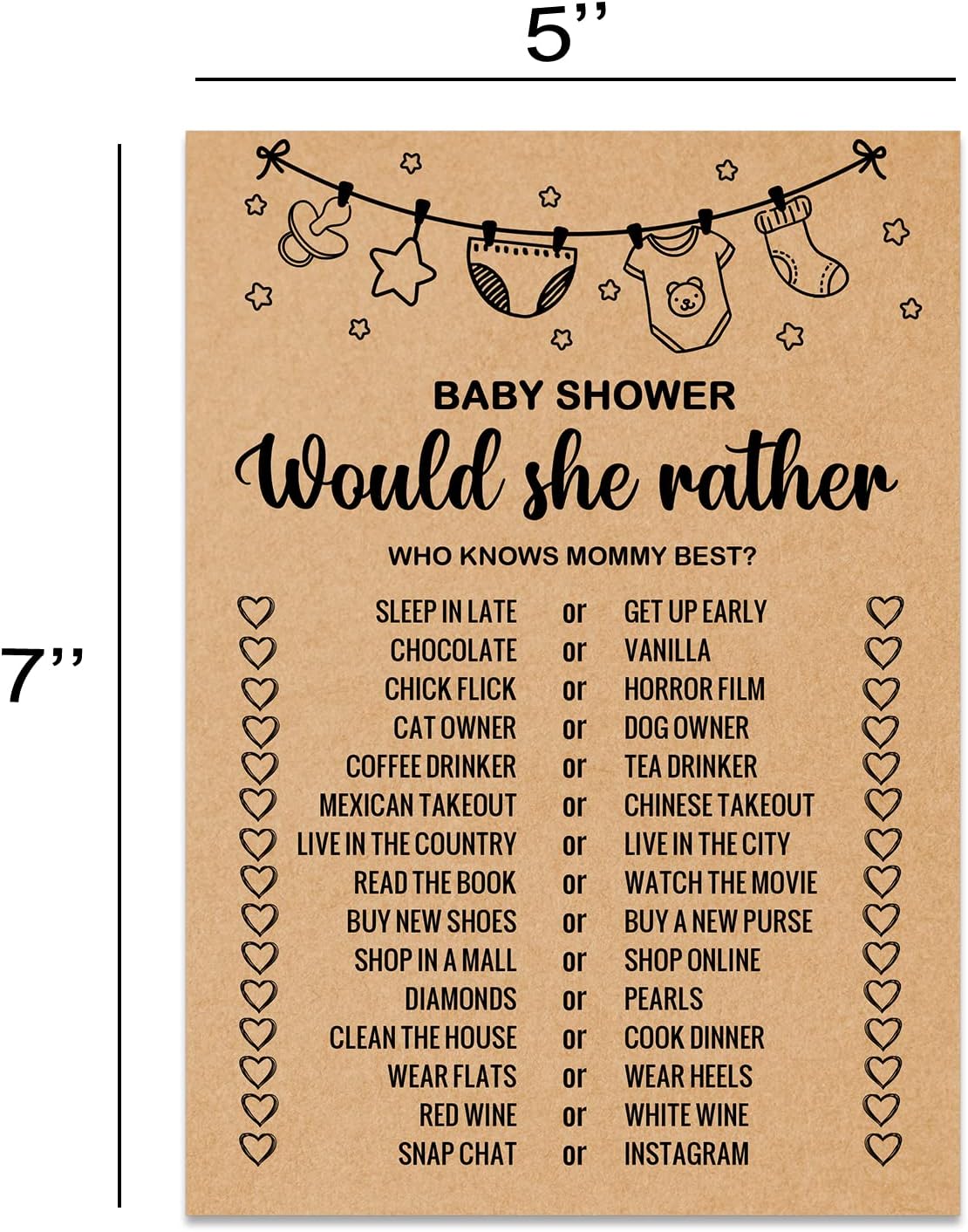 Baby Shower Game Cards, Would She Rather Baby Shower Games Ideas, Set of 30 Cards, Rustic Bridal Wedding Showers or Bachelorette Party Game, Kraft