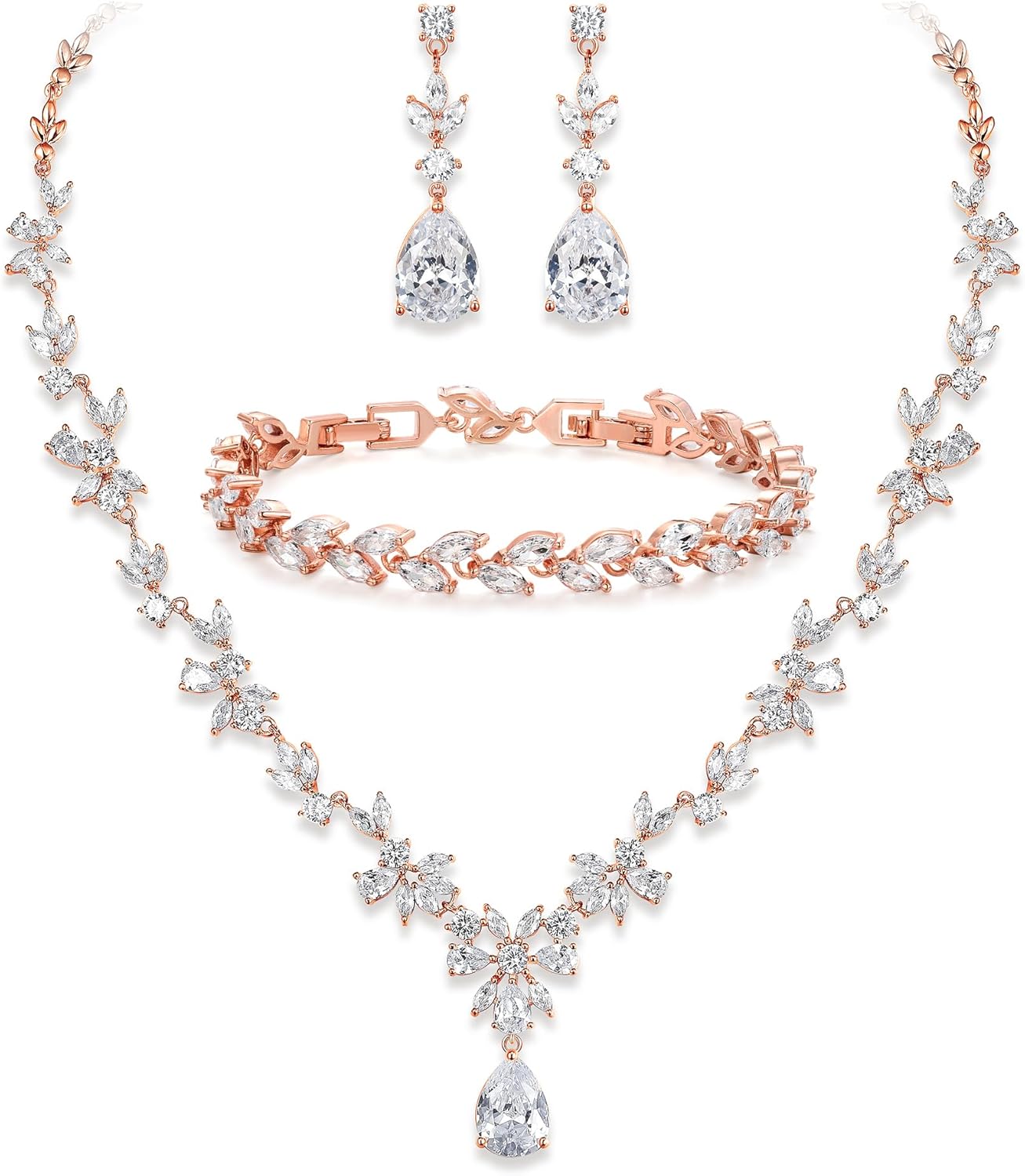Crysdue Wedding Jewelry Set for Women, Floral Leaf Vine Teardrop Necklace Dangle Earrings Bracelet and Hair Comb, Cubic Zirconia Elegant Party Prom Jewellery for Bridal Bridesmaid