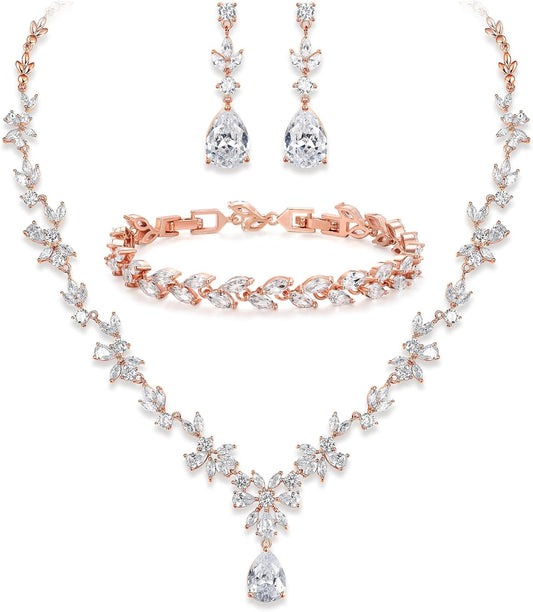 Crysdue Wedding Jewelry Set for Women, Floral Leaf Vine Teardrop Necklace Dangle Earrings Bracelet and Hair Comb, Cubic Zirconia Elegant Party Prom Jewellery for Bridal Bridesmaid