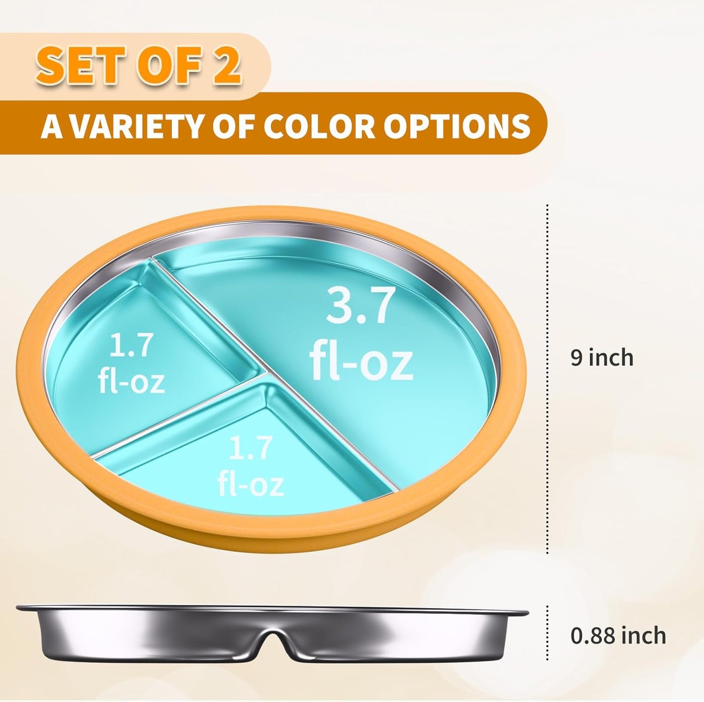 Stainless Steel Toddler Plate with Suction, 9” Divided Plates with Removable Silicone Sleeves for Kids, Non Toxic & BPA Free | Non Slip | Unbreakable Baby Snack Dishes Set of 2, Green & Orange