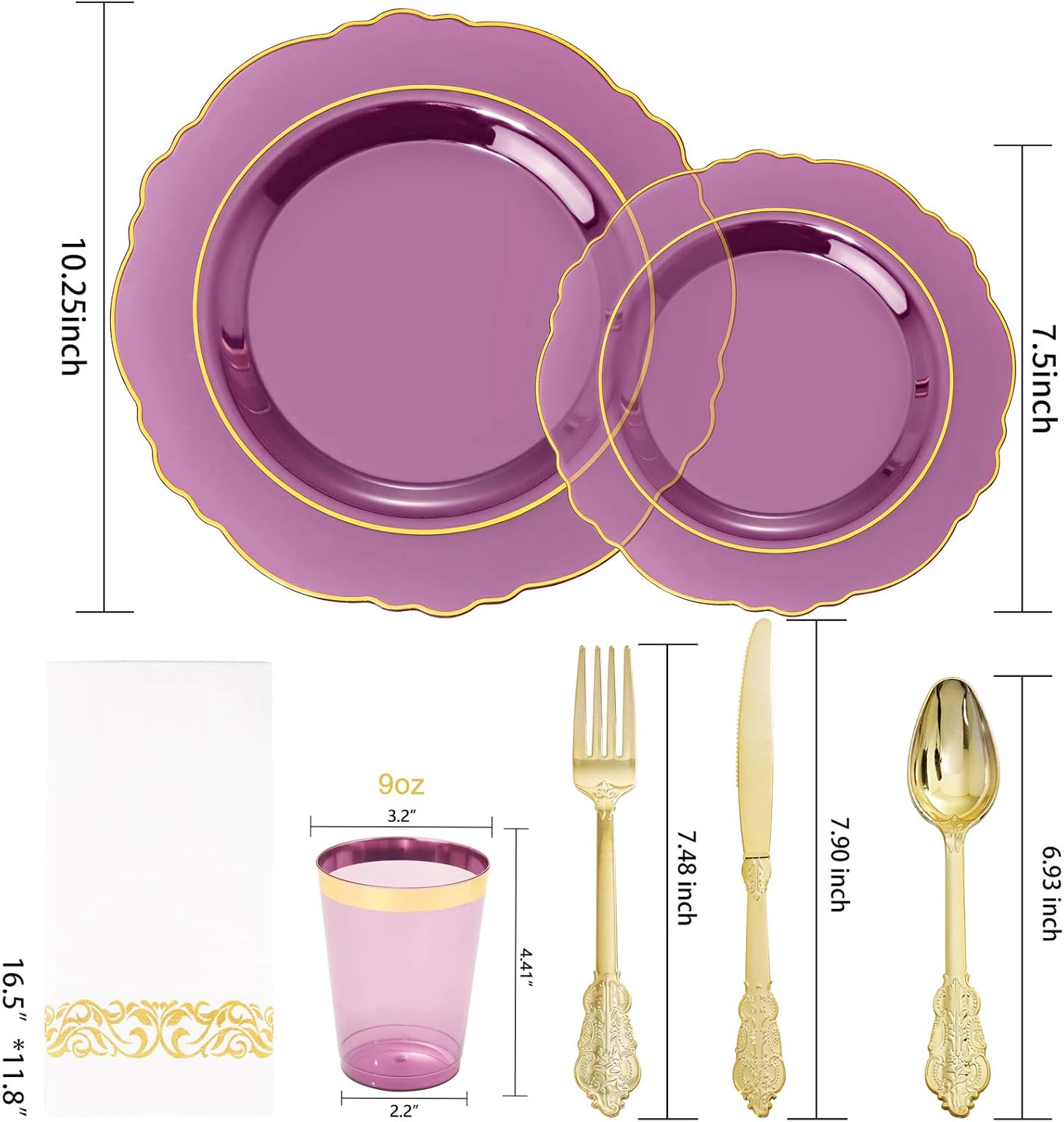 KIRE 210Pcs Purple Plastic Plates with Gold Rim& Silverware &Cups&Hand Napkin - Baroque Clear Plastic Dinnerware for Upscale Wedding/Parties Plates