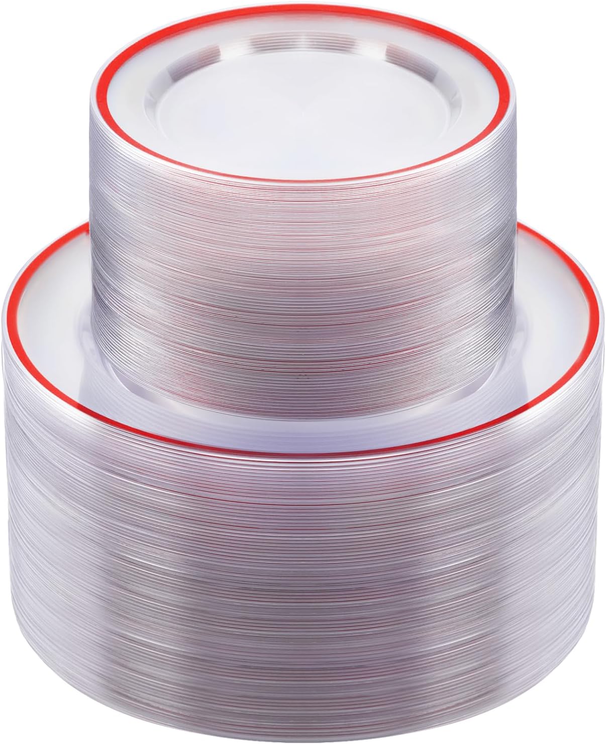 200PCS Red and Clear Plastic Plates, Disposable Plate Set with 100 Dinner Plate and 100 Dessert Plates for Party, Christmas, Valentine's Day